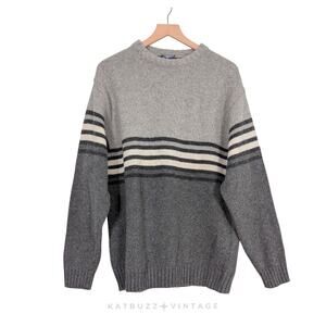 Vintage Wool Blend Sweater L Gray Stripe 90s Y2K Pullover Grunge Chunky Skater